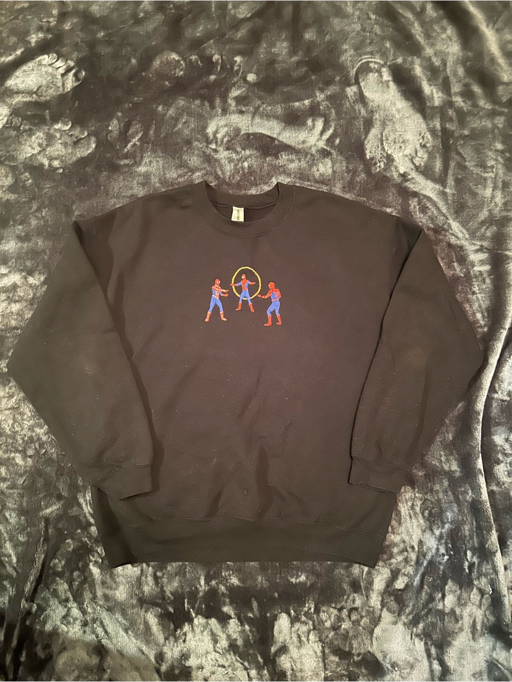Black Graphic Crewneck Sweatshirt with Colorful Hoop Design